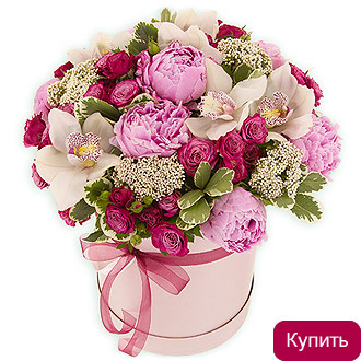 Пионы, орхидеи и фрезии в шляпной коробке