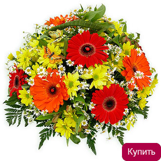Хризантемы и герберы в корзине
